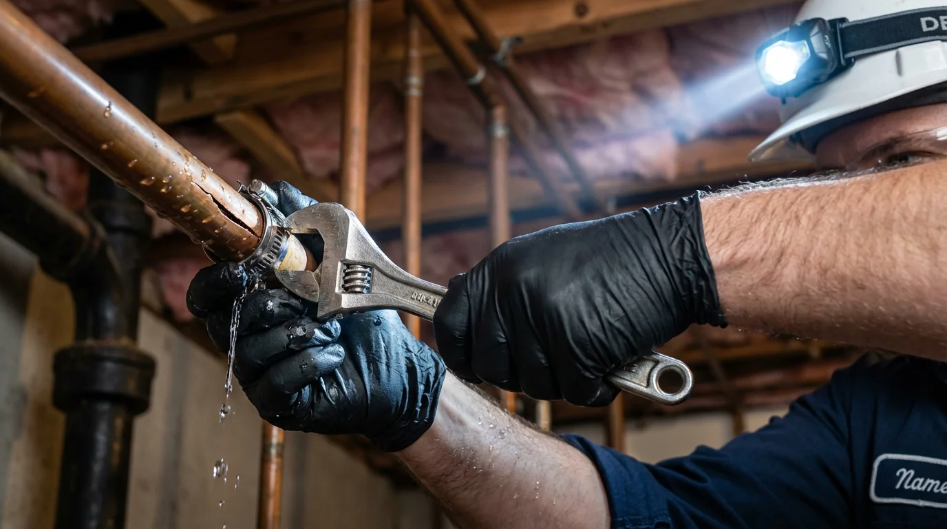 Emergency pipe clamp repair being performed by a Johns Plumbing LLC plumber in Durham