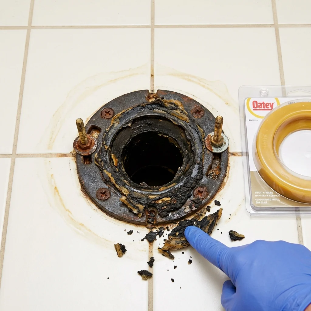 Failed wax ring showing water seepage at the base of a toilet in a Durham, NC home