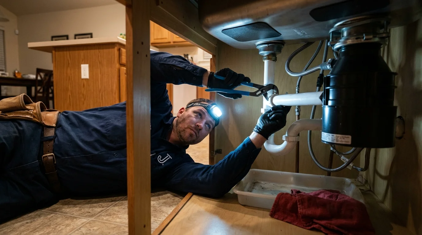 P-trap and supply line connections under a kitchen sink showing a common leak point in Durham, NC